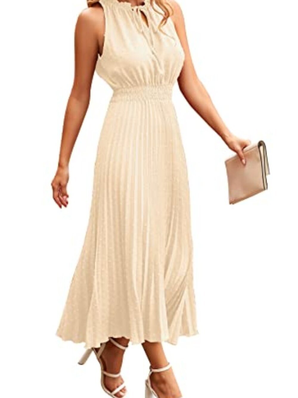 🆕 Womens Midi Summer Dresses Casual V Neck Swiss Dot Ruffle Sleeveless - Apricot